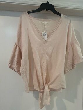 Max Studio Pale Pink V-Neck Tie-Front Blouse with Lace Flutter Sleeves